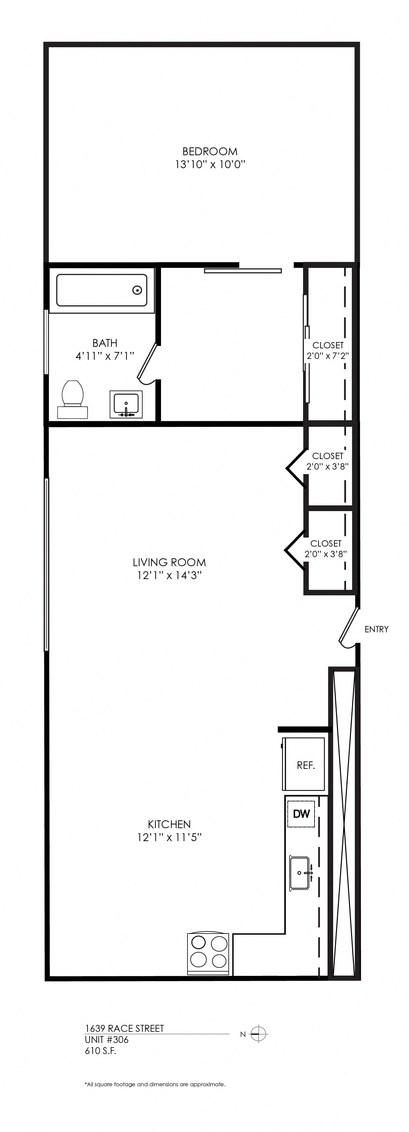 Floor plan for 1 bed, 1 bath, 610 sqft
